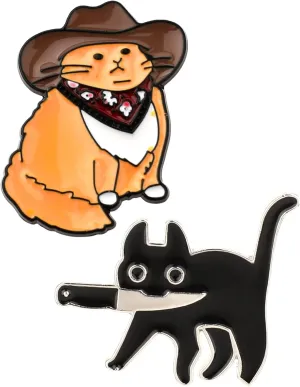 2pcs Enamel Pins for Backpacks, Cute Funny Cowboy Cat Brooches Novel Alloy Orange Cat Lapel Pins Cartoon Animal Clip Decoration Badges for Men Women Boys Girls Clothes Jacket Hats Bags