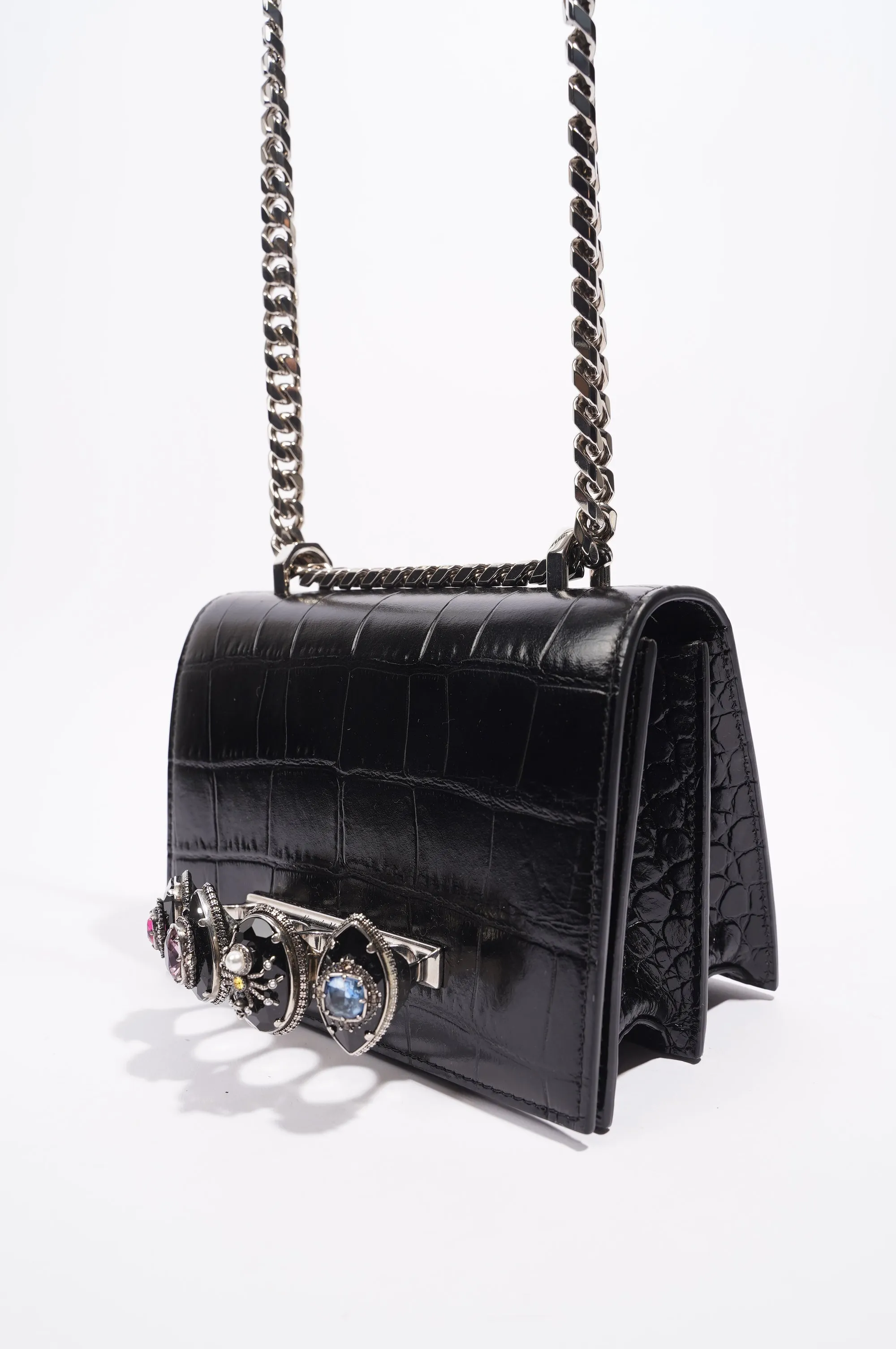 Alexander McQueen Womens Four Ring Shoulder Bag Black Leather Small