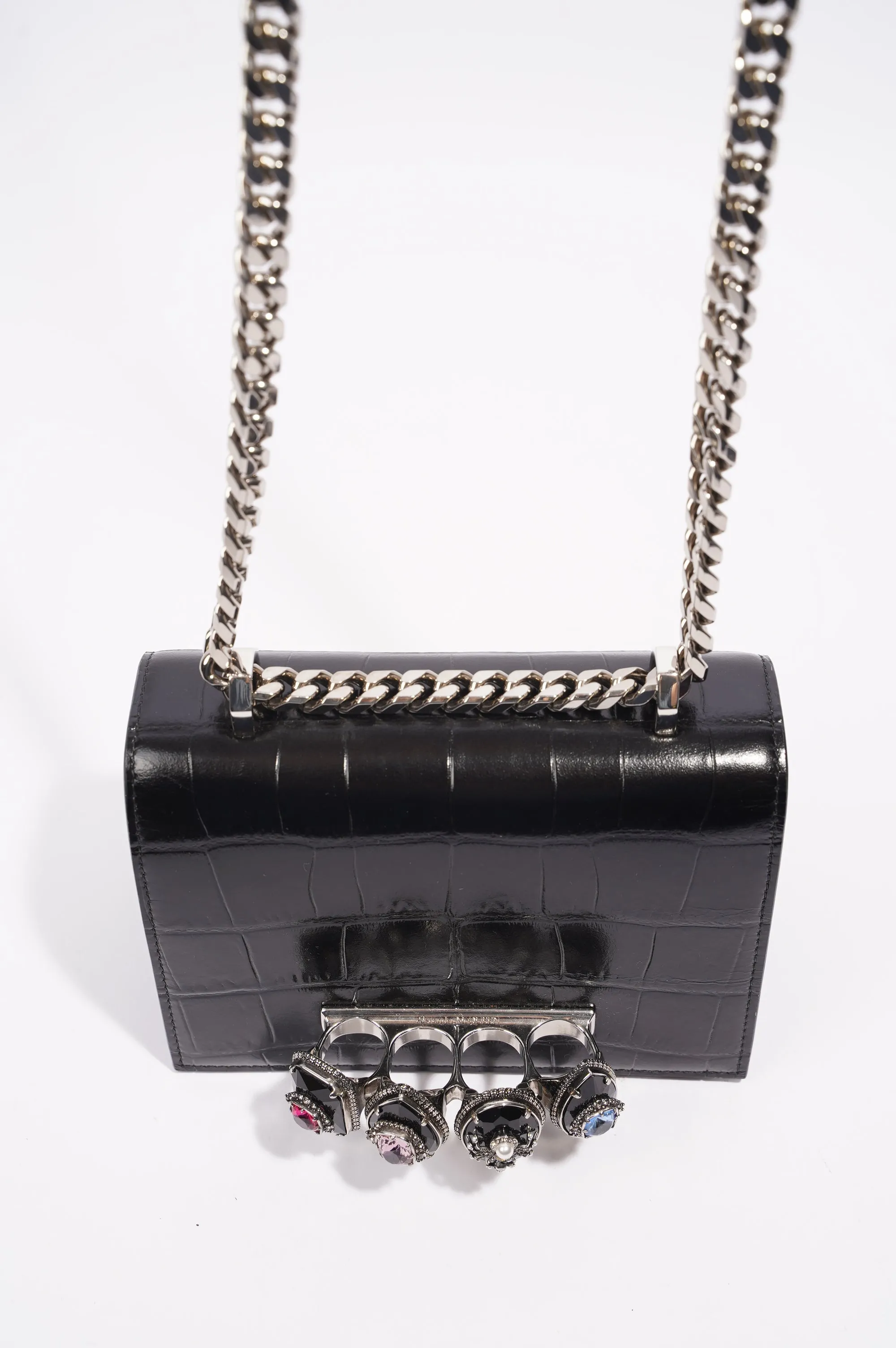 Alexander McQueen Womens Four Ring Shoulder Bag Black Leather Small