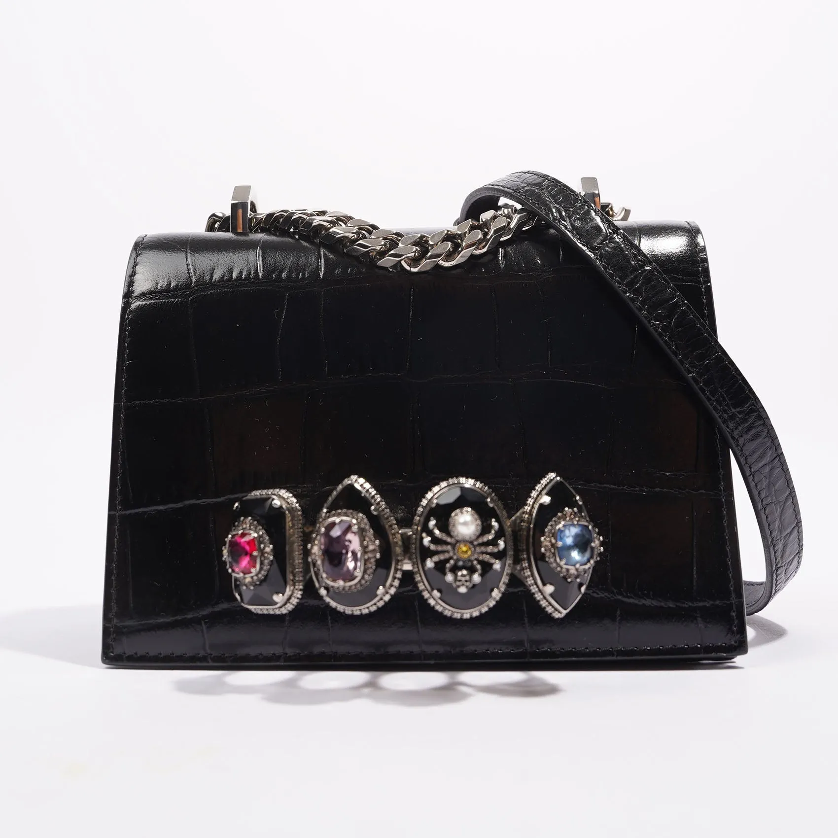 Alexander McQueen Womens Four Ring Shoulder Bag Black Leather Small