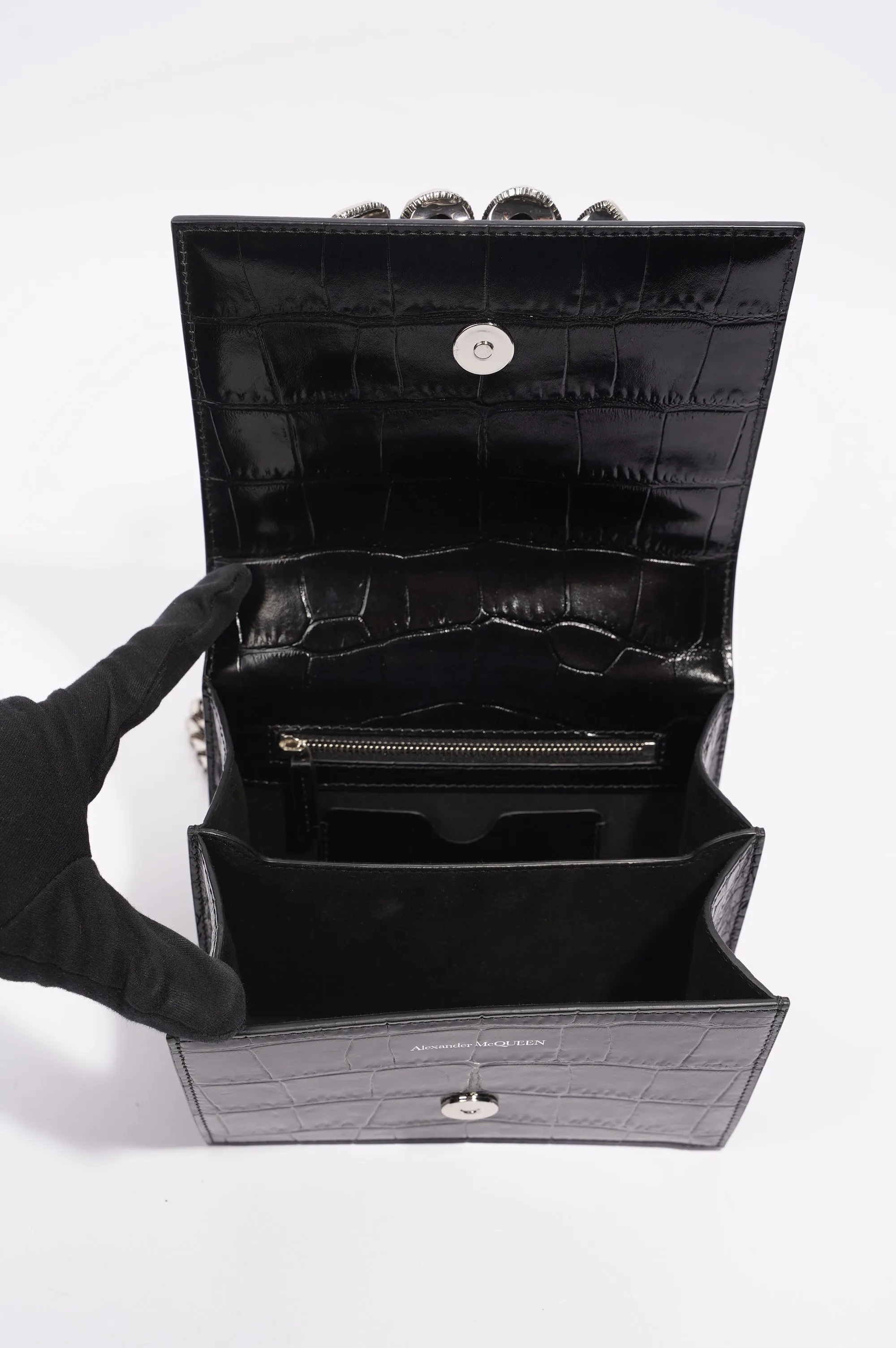 Alexander McQueen Womens Four Ring Shoulder Bag Black Leather Small