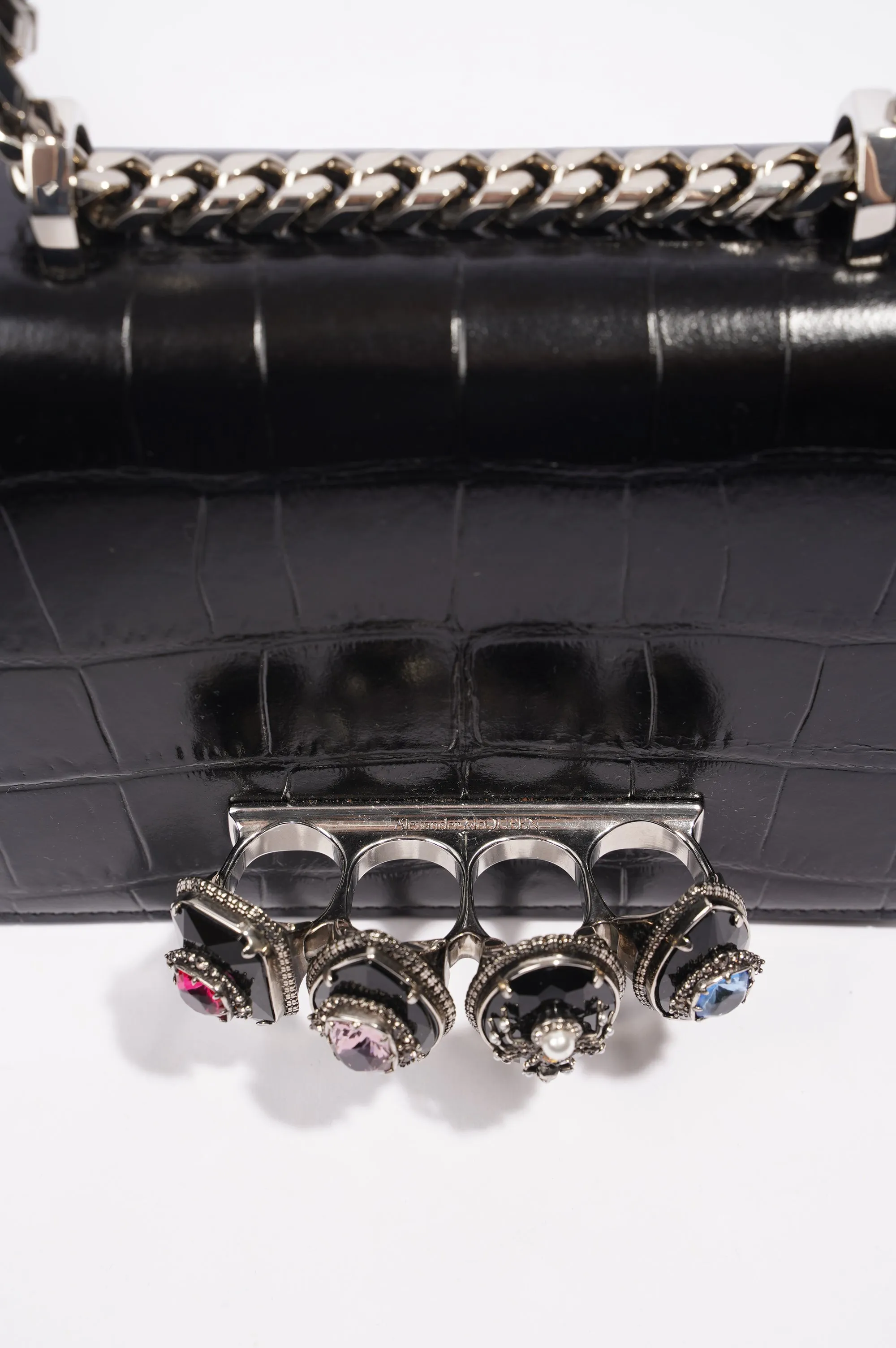 Alexander McQueen Womens Four Ring Shoulder Bag Black Leather Small