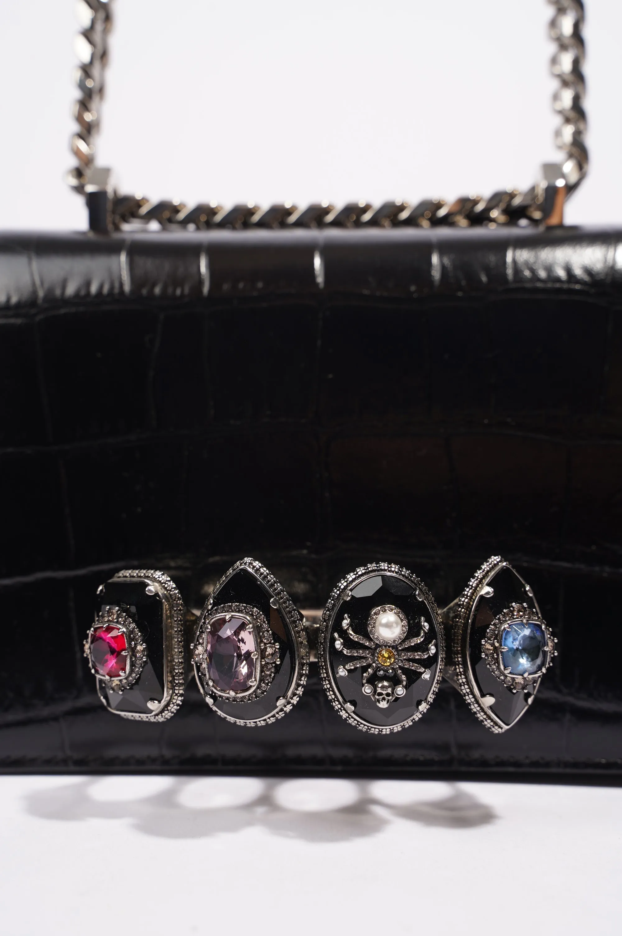 Alexander McQueen Womens Four Ring Shoulder Bag Black Leather Small