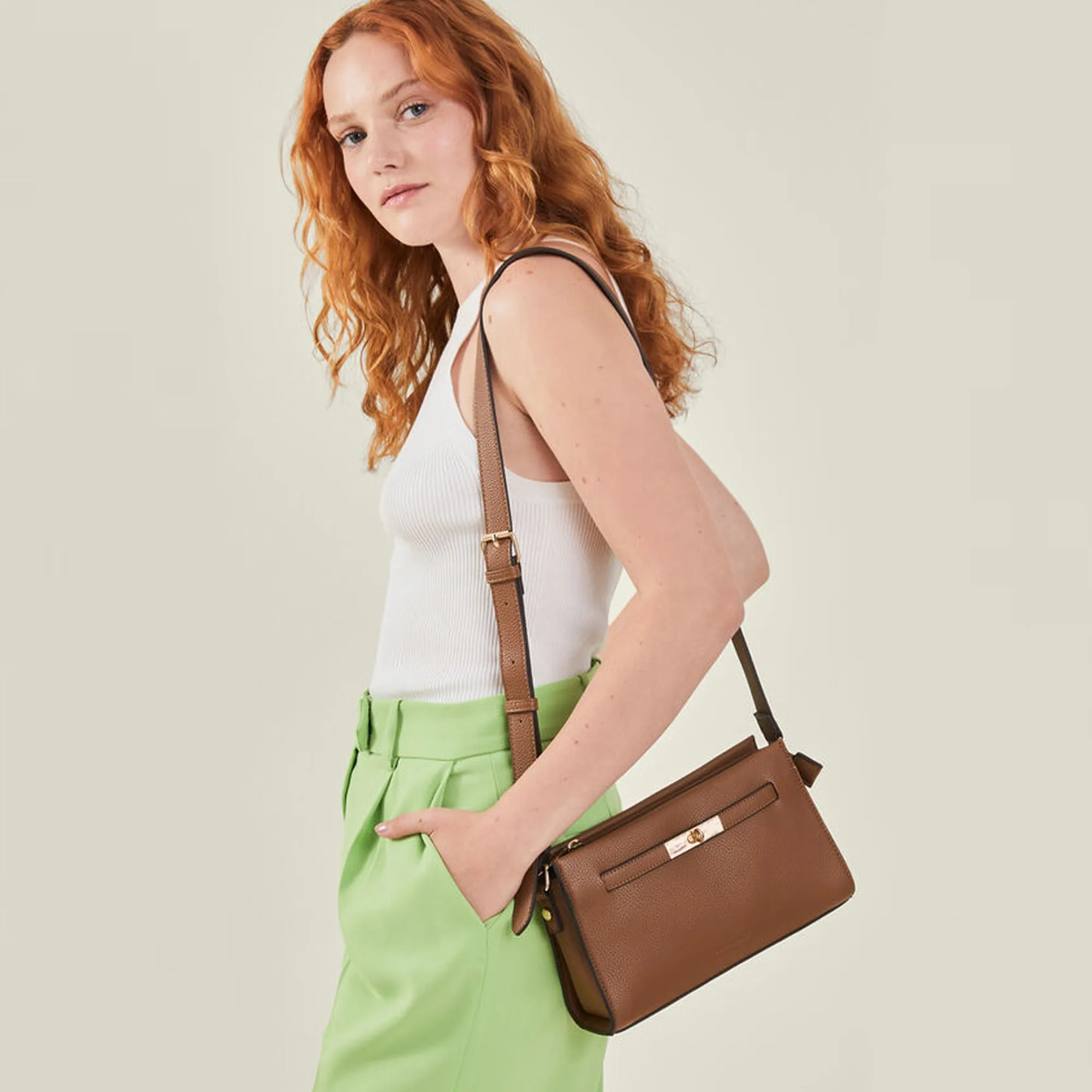 Brown Metal Twist-lock Sling Bag