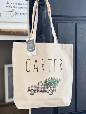 Christmas Tote bag,Personalized Christmas bag,Canvas Tote Bag,Plaid Christmas Truck bag,Holiday Gift Bag,Buffalo Plaid Bag Childs Bag