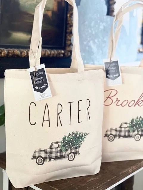 Christmas Tote bag,Personalized Christmas bag,Canvas Tote Bag,Plaid Christmas Truck bag,Holiday Gift Bag,Buffalo Plaid Bag Childs Bag