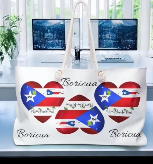 I Love Puerto Rico Heart Flag & Map 2 - Boricua -  Oversized Weekender Bag/Tote - Dual sided print - Bolsa de viaje