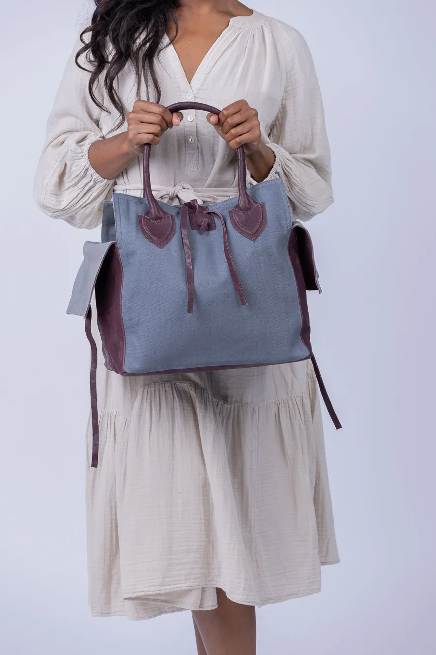 Let & Her Medium Canvas Leather Bag in Light Blue