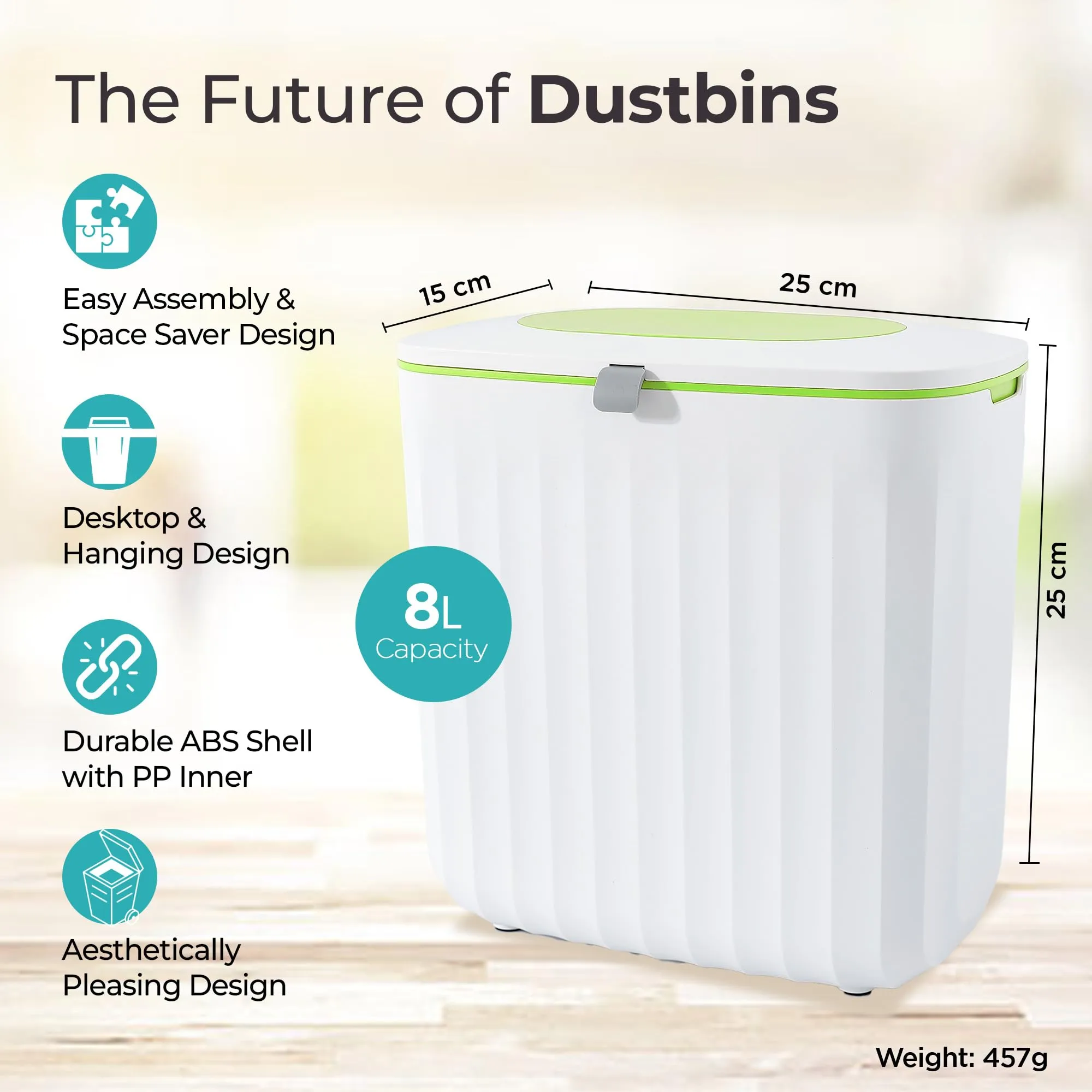 The Better Home 8L Dustbin For Kitchen | Dustbin For Bathroom | 25 cm Automatic Smart Sensor Dustbin For Bedroom | Steel Dustbin With Lid | Dustbin For Office | Garbage Bin - Green