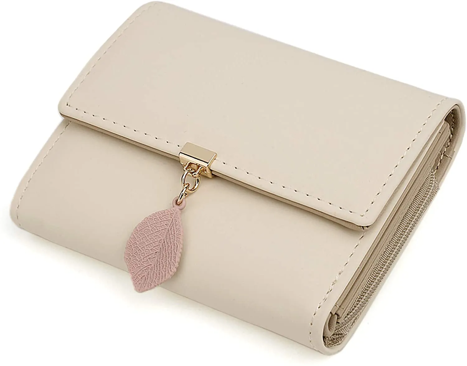 UTO Small Wallet for Women PU Leather Leaf Pendant Card Holder Organizer Zipper Coin Purse