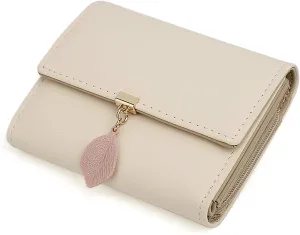 UTO Small Wallet for Women PU Leather Leaf Pendant Card Holder Organizer Zipper Coin Purse