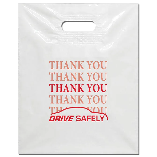 White Plastic Patch Handle Bags with Red Imprint - 12" x 15" - Durable Low-Density Polyethylene - Die-Cut Handle with 4 mil Patch Reinforcement